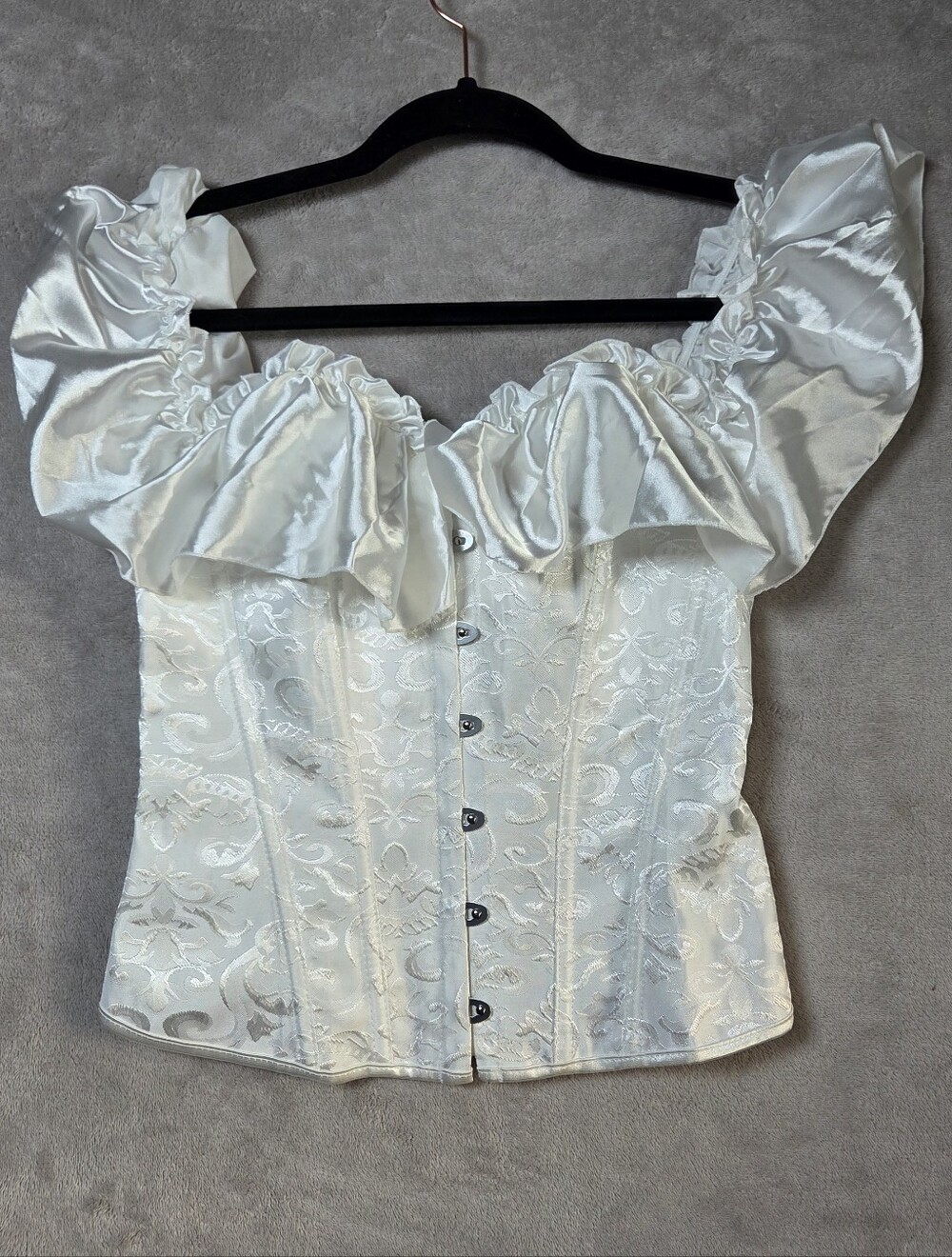 Vintage Style White Brocade Corset Top Ruffle Off Shoulder Renaissance Medium M